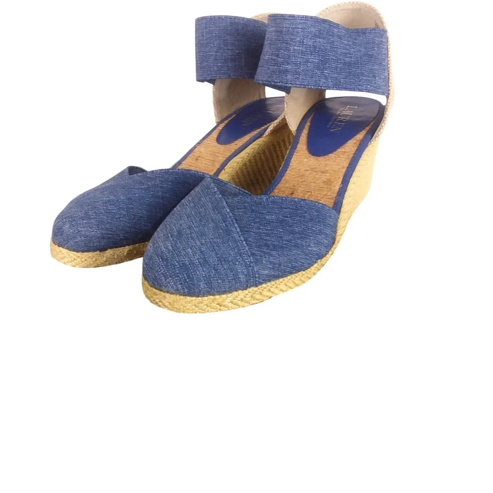 Lauren Ralph Lauren‎ Charla Denim Blue Wedge Sandals Women's 10B Ankle Strap